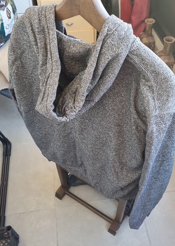 l Beden gri Renk Gri Kapüşonlu Fermuarlı Erkek Sweatshirt