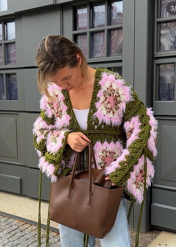 Bohem Pembe Örgü Kadın Hırka - Görsel 3