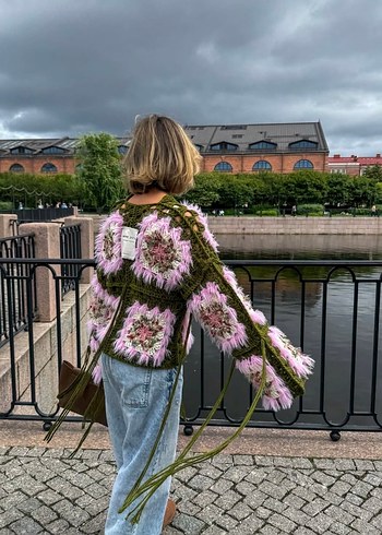 Bohem Pembe Örgü Kadın Hırka - Görsel 2