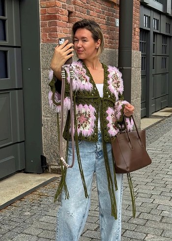 Bohem Pembe Örgü Kadın Hırka - Görsel 4