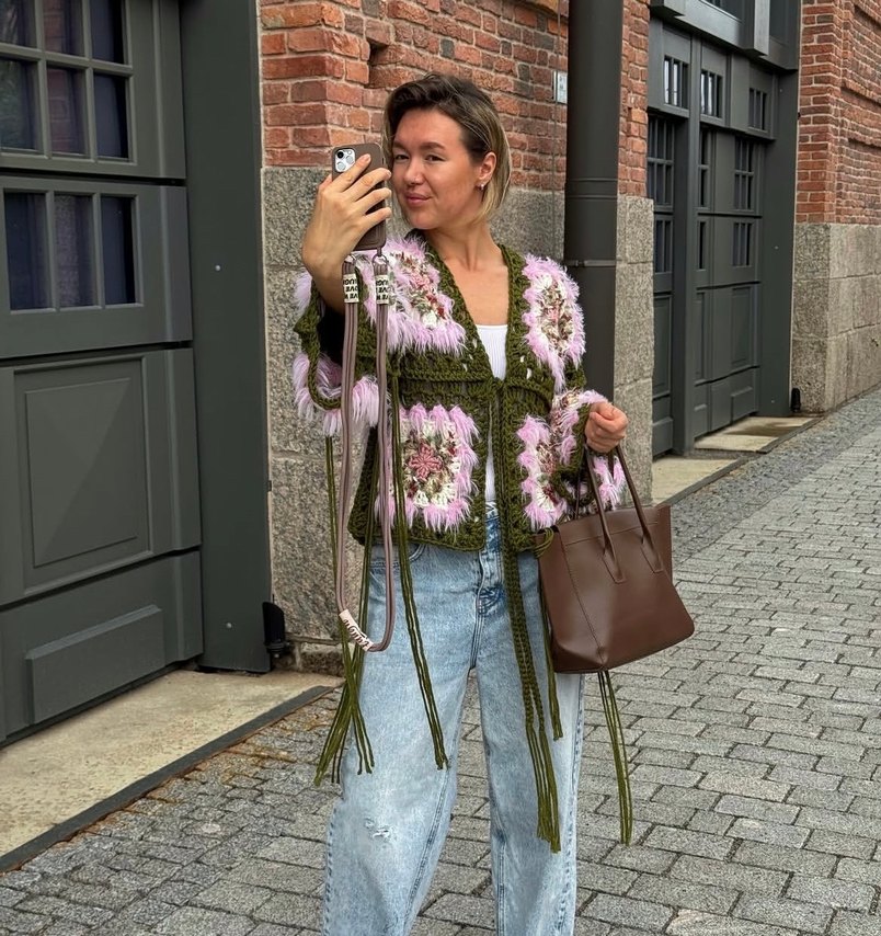 Bohem Pembe Örgü Kadın Hırka - Görsel 4