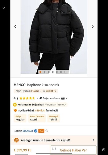 m Beden siyah Renk mango kapitone anorak sisme mont