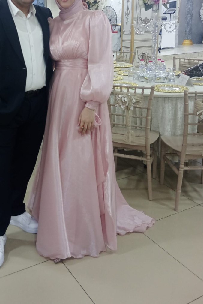 Pembe Uzun Kollu Drapeli Abiye Elbise - Görsel 2