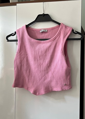 Pembe Keten Mini Crop Top, Kolsuz, Basic