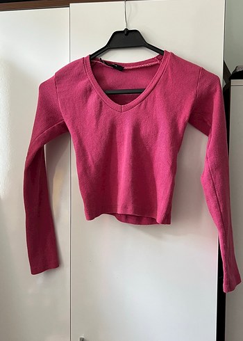 Pembe fitilli dar v yaka crop bluz zara mango