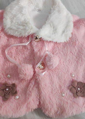 18-24 Ay Beden Kız Çocuk Pembe Kürklü Nakışlı Mont Bolero
