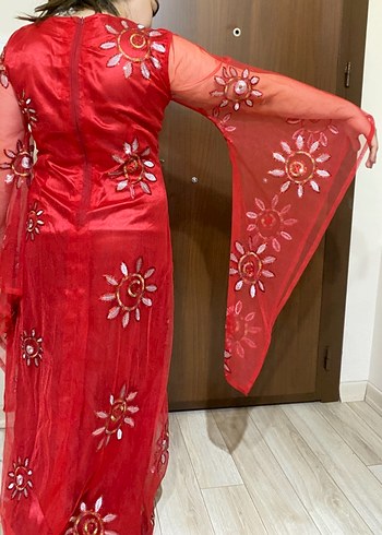 Nakışlı Kırmızı Uzun Kadın Hint Elbisesi(kına elbisesi) - Görsel 2