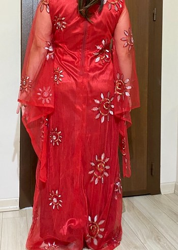 Nakışlı Kırmızı Uzun Kadın Hint Elbisesi(kına elbisesi) - Görsel 3