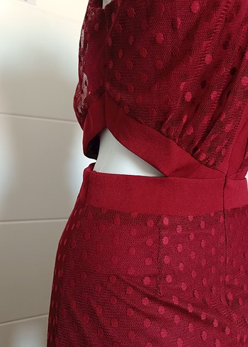 38 Beden bordo Renk Bordo Nakışlı Fırfırlı Mini Elbise