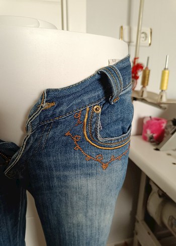 Diğer Nakışlı Kemerli Mavi Bohem Kadın Kot Pantolon