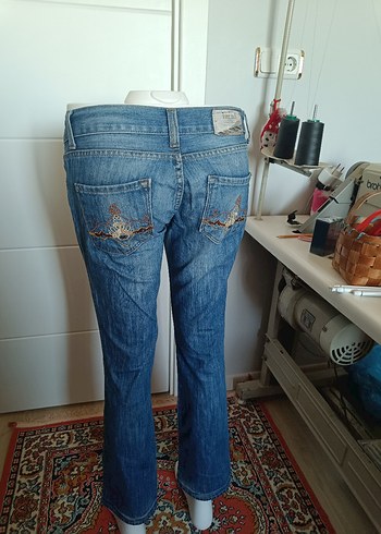 40 Beden mavi Renk Nakışlı Kemerli Mavi Bohem Kadın Kot Pantolon