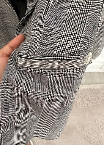 Gri Kareli Düğmeli Ofis Ceketi - Görsel 4