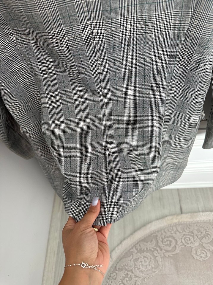 Gri Kareli Düğmeli Ofis Ceketi - Görsel 3