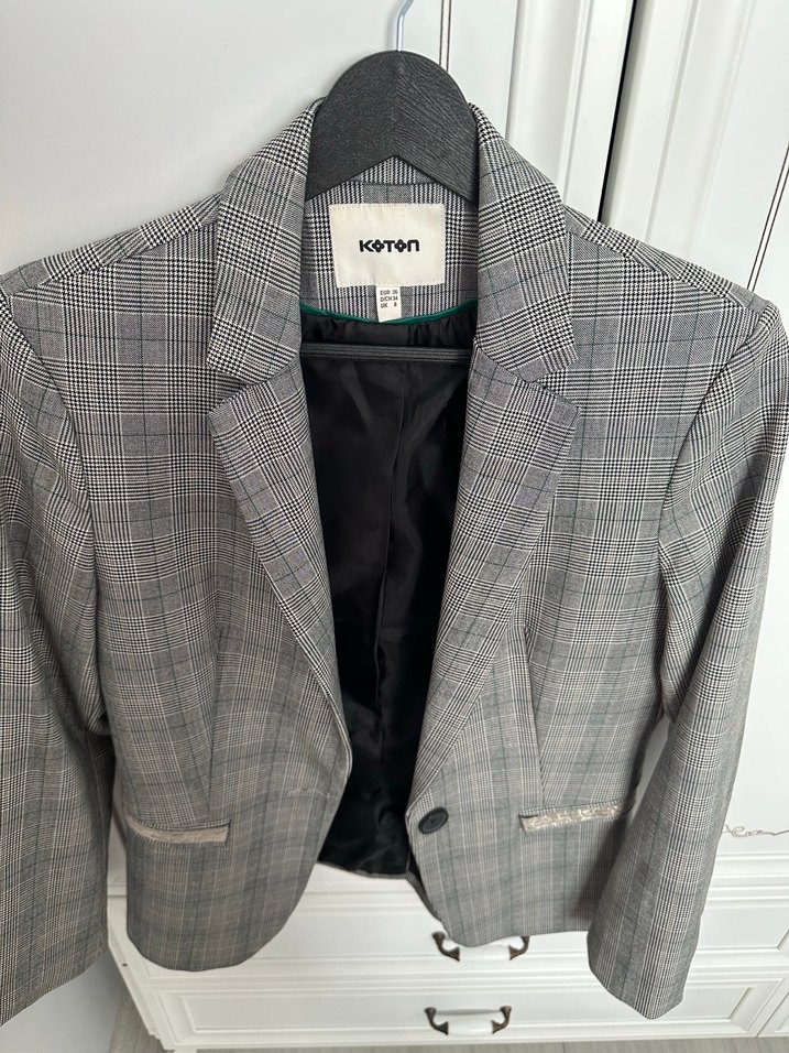 Gri Kareli Düğmeli Ofis Ceketi - Görsel 5