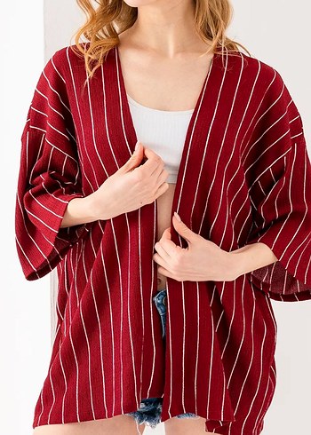 Bordo Çizgili Salaş Kadın Kimono