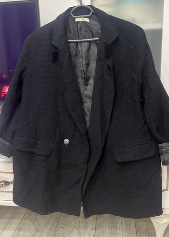 Siyah Keten Düğmeli Kadın Blazer