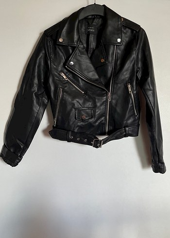 s Beden Kadın Siyah Deri Biker Ceket