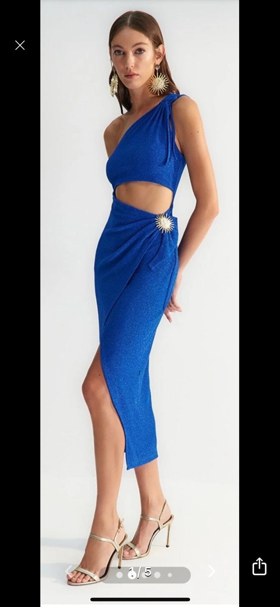 Parlak Mavi Drapeli Uzun Abiye Elbise - Görsel 2