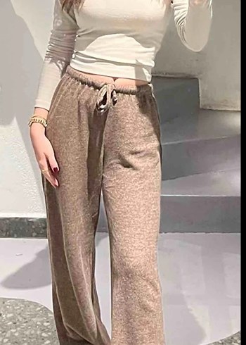 Kahverengi Bol Kesim Yün Kadın Pantolon - Görsel 3