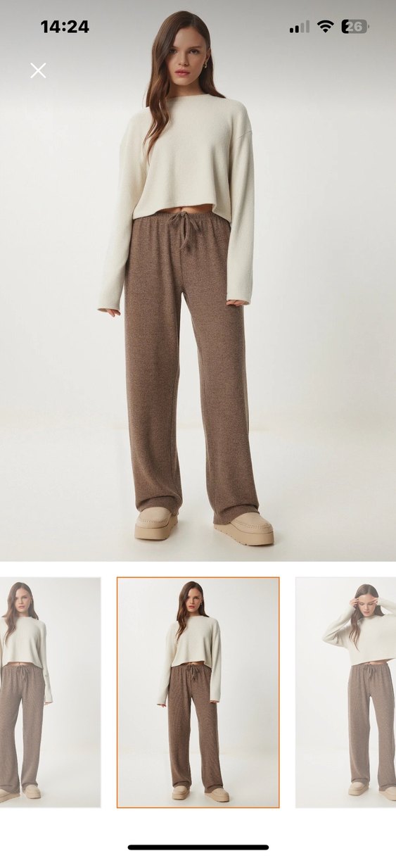 Kahverengi Bol Kesim Yün Kadın Pantolon - Görsel 2