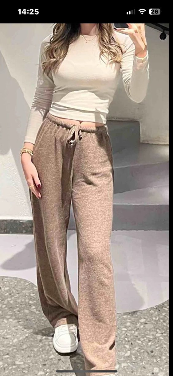 Kahverengi Bol Kesim Yün Kadın Pantolon - Görsel 3