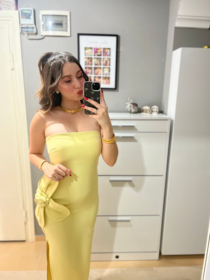 Sarı Drapeli Straplez Uzun Elbise - Görsel 3
