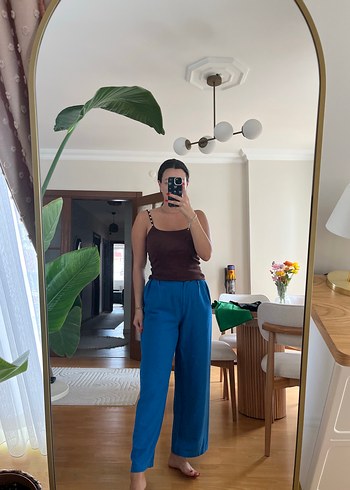 Kadın Mavi Bol Kesim kumaş Pantolon - Görsel 4