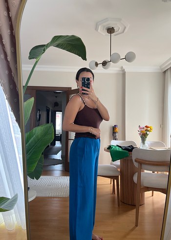 Kadın Mavi Bol Kesim kumaş Pantolon - Görsel 2