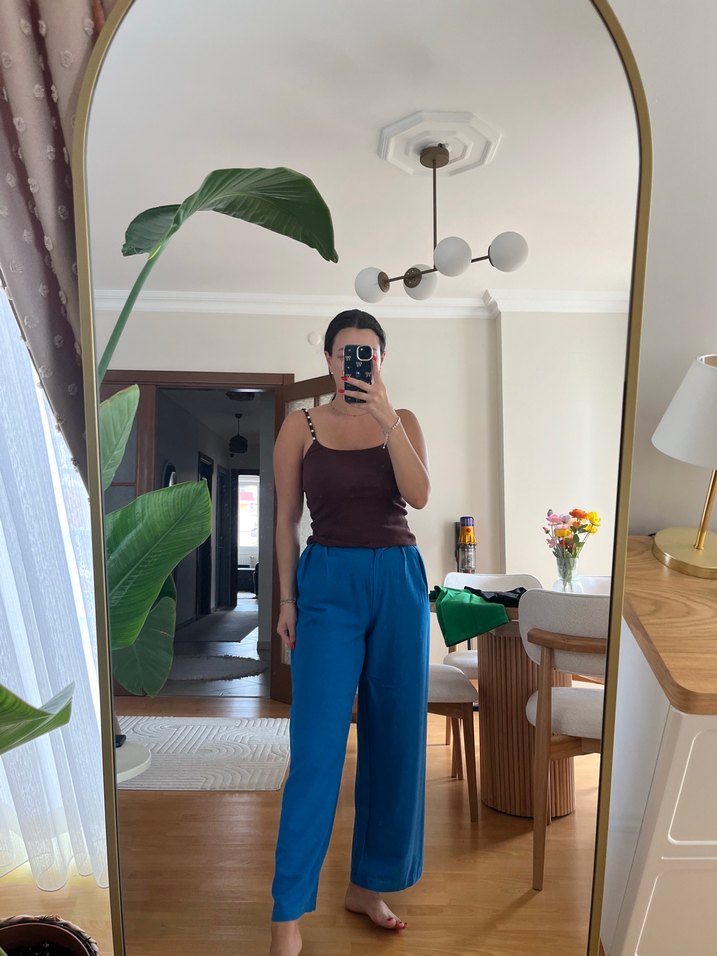 Kadın Mavi Bol Kesim kumaş Pantolon - Görsel 4