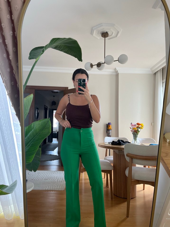 Yeşil Midi Kumaş Kadın Pantolon - Görsel 2