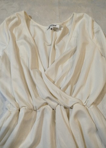 Beyaz Keten V Yaka Uzun Kollu Kısa Tulum - Görsel 2