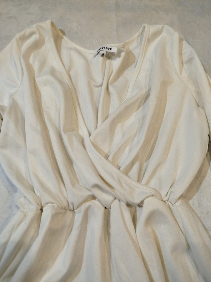 Beyaz Keten V Yaka Uzun Kollu Kısa Tulum - Görsel 2