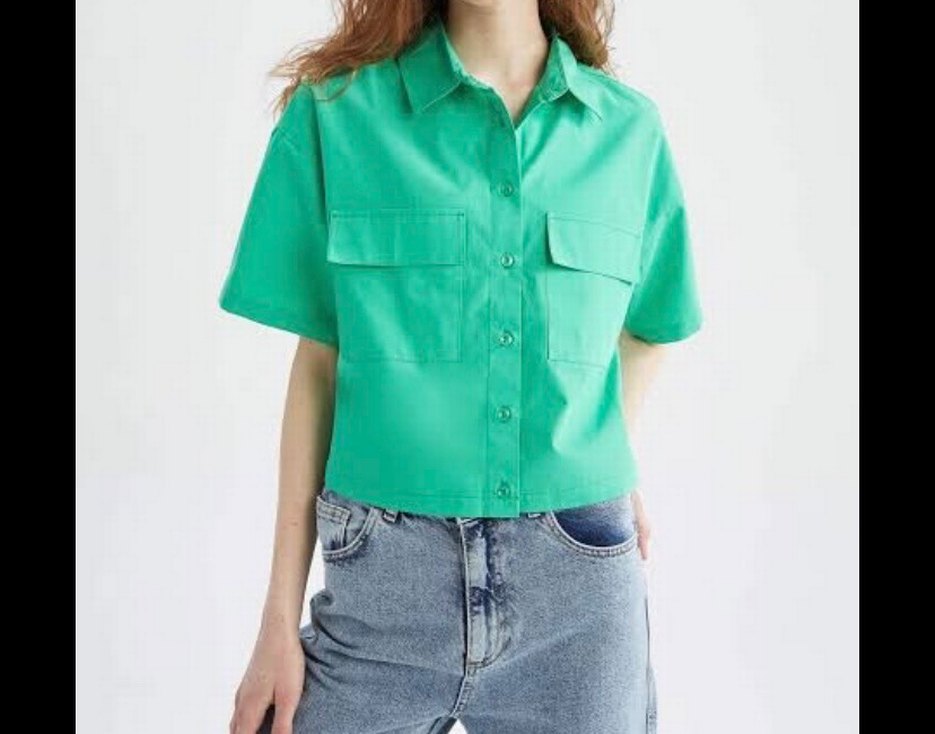Yeşil Kısa Kollu Mini Düğmeli Kadın Gömlek - Görsel 2