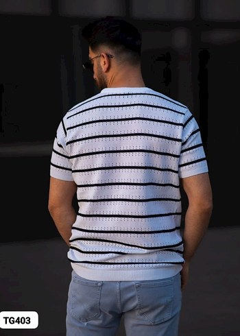 Çizgili Örgü Erkek Tişört Beyaz - Görsel 5