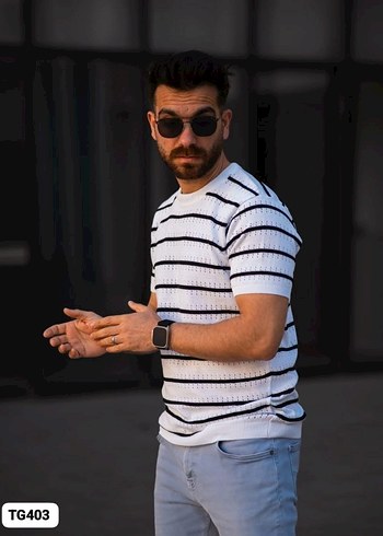 Çizgili Örgü Erkek Tişört Beyaz - Görsel 3