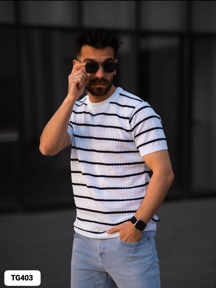 Çizgili Örgü Erkek Tişört Beyaz - Görsel 2
