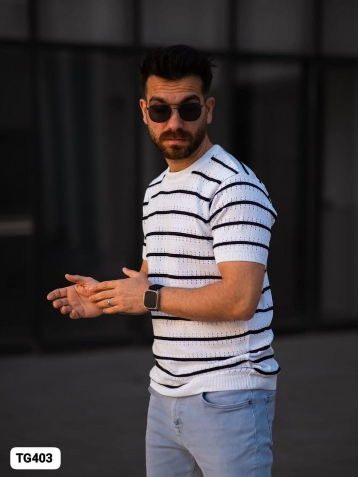 Çizgili Örgü Erkek Tişört Beyaz - Görsel 3