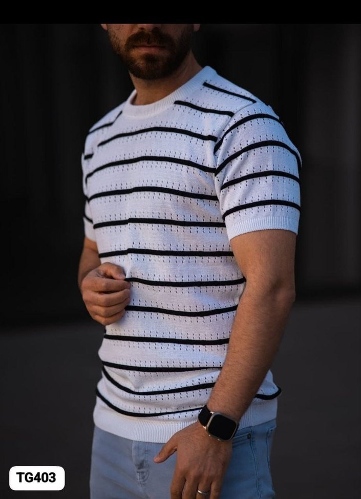 Çizgili Örgü Erkek Tişört Beyaz - Görsel 4