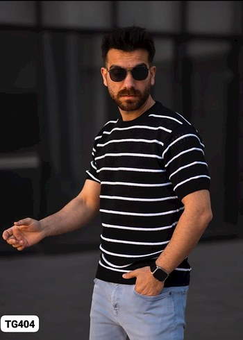 Erkek Siyah Beyaz Çizgili  Tişört - Görsel 5