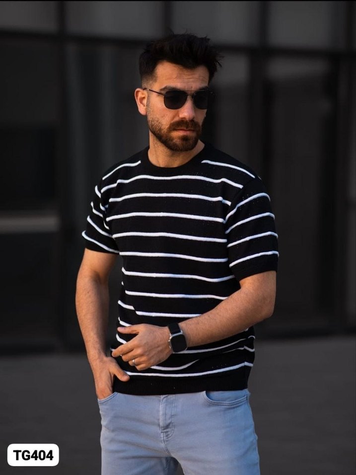Erkek Siyah Beyaz Çizgili  Tişört - Görsel 2