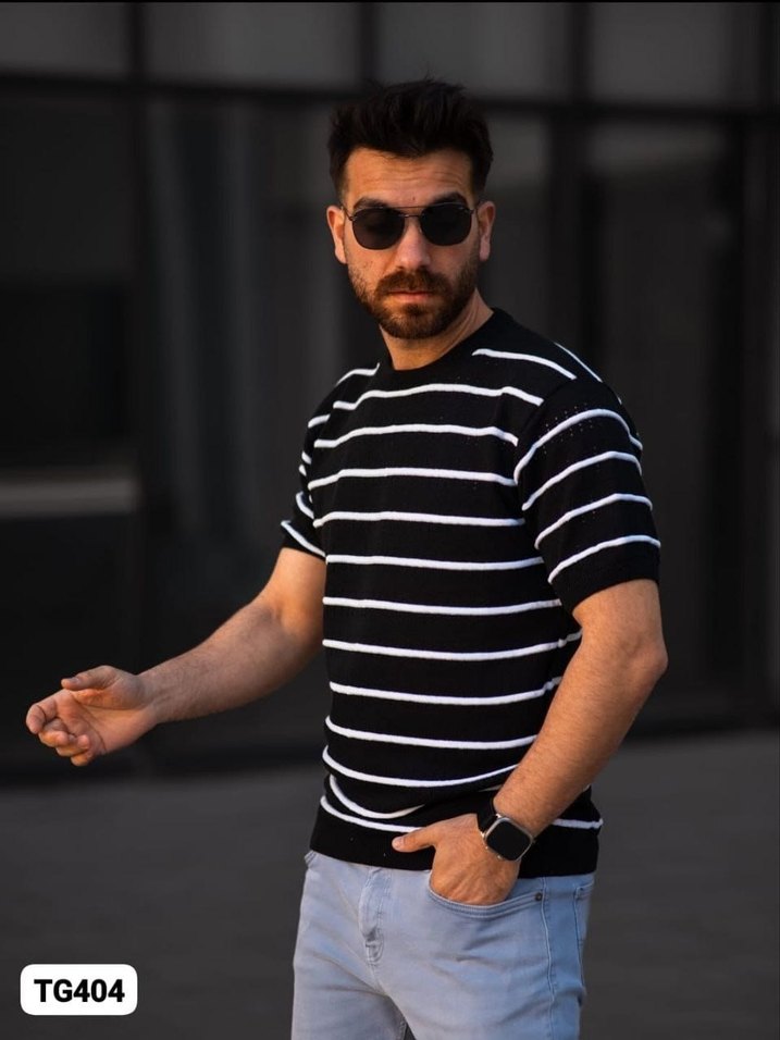 Erkek Siyah Beyaz Çizgili  Tişört - Görsel 5