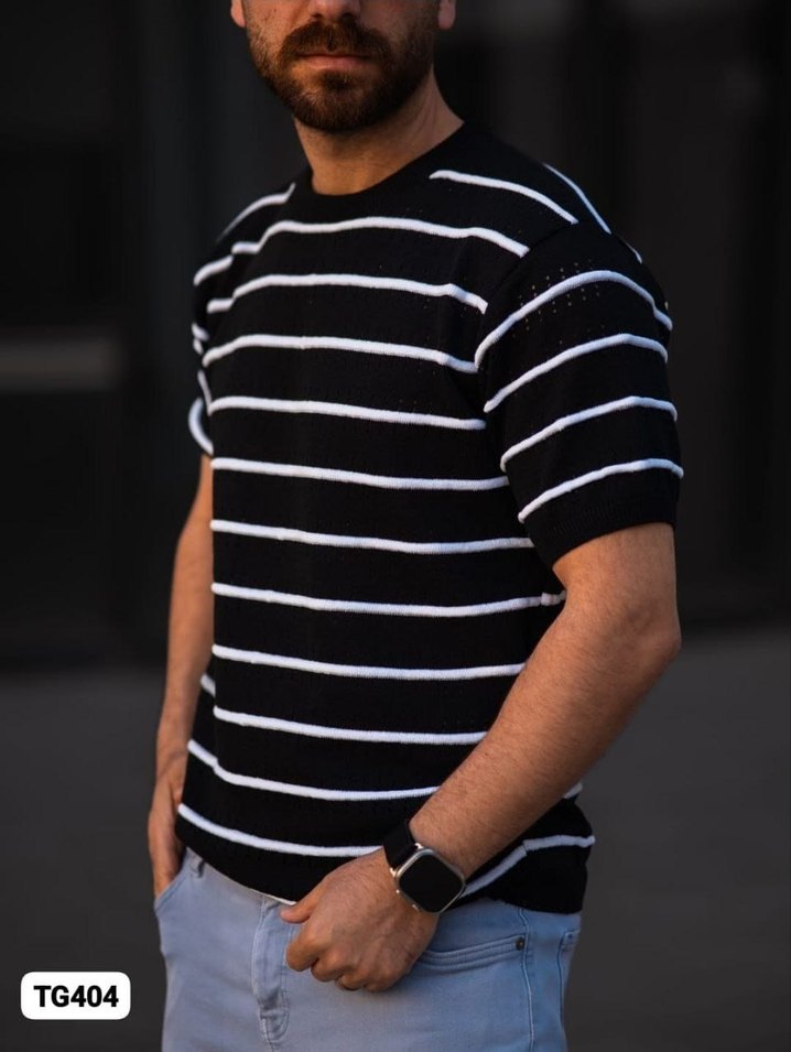 Erkek Siyah Beyaz Çizgili  Tişört - Görsel 4