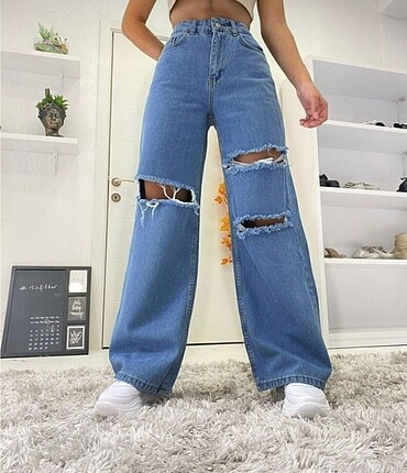 Yırtık wide leg jean