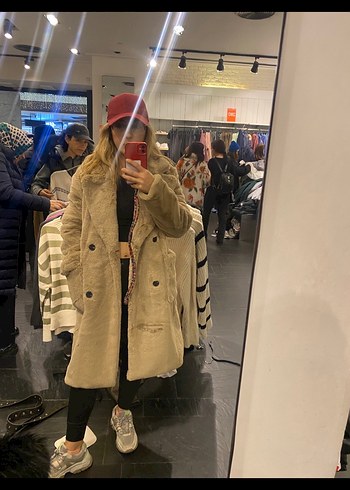 Pull and Bear Kürk Detaylı Camel Midi Kadın Kaban