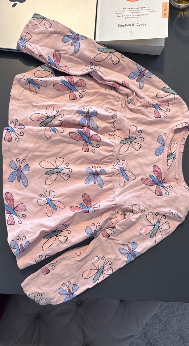 Uzun Kollu Pembe Kelebek Desenli Kız Bluzu - Görsel 2