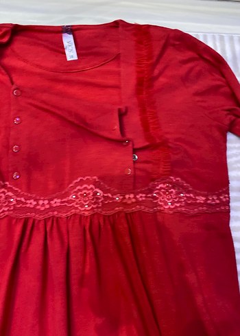 Kırmızı V Yaka Uzun Kollu Hamile Geceliği - Görsel 4