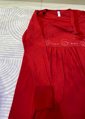 Kırmızı V Yaka Uzun Kollu Hamile Geceliği - Görsel 5