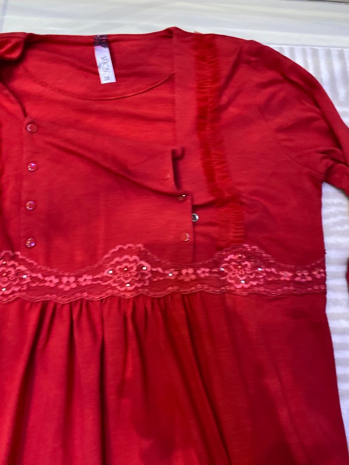 Kırmızı V Yaka Uzun Kollu Hamile Geceliği - Görsel 4