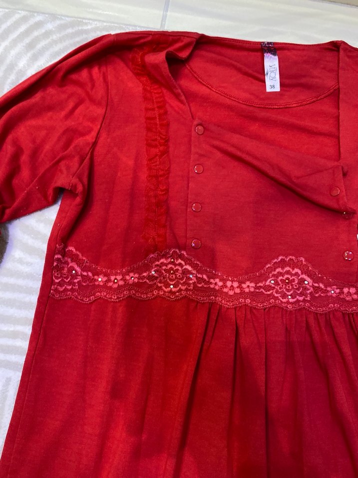 Kırmızı V Yaka Uzun Kollu Hamile Geceliği - Görsel 3