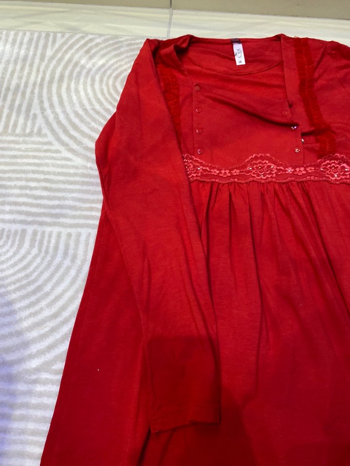 Kırmızı V Yaka Uzun Kollu Hamile Geceliği - Görsel 5